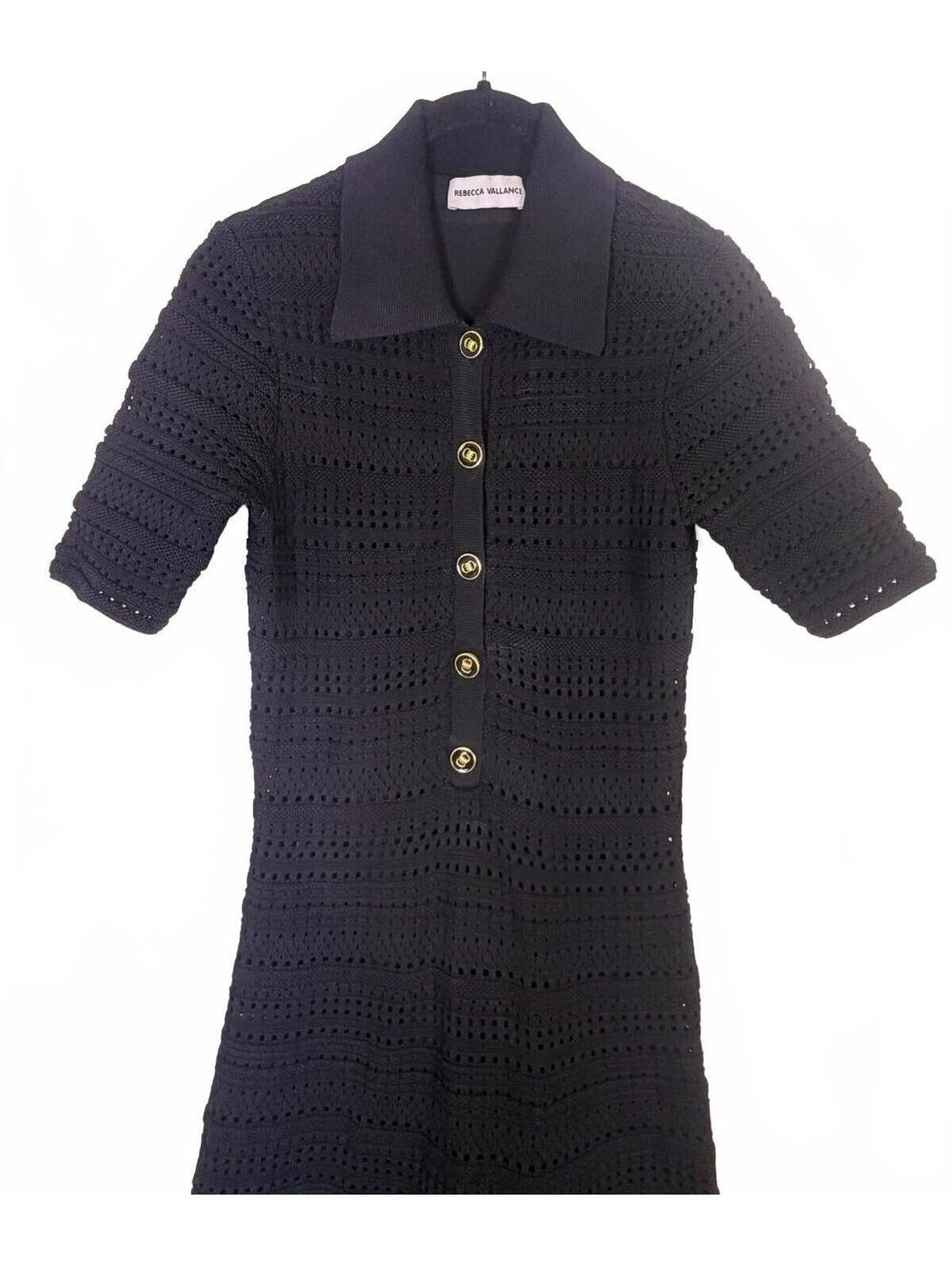 Rebecca Vallance Magnolia Knit Midi Dress Black Pointelle Polo Collar Size Small - Picture 2 of 6